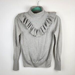 J. Crew 100% Merino Wool Gray Ruffled Tippi Turtleneck Sweater sz S Flawed